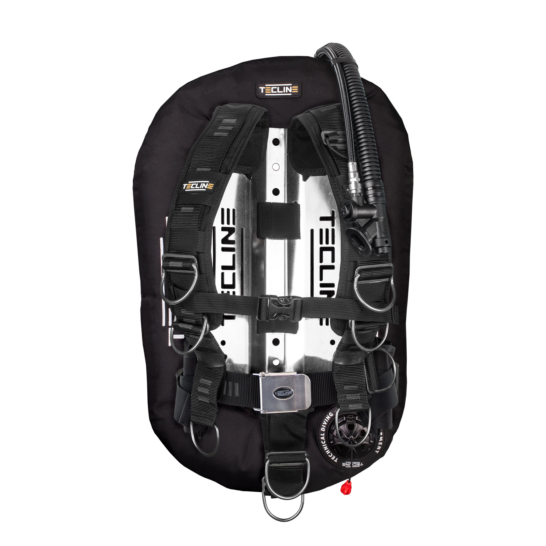 Tecline Donut 15 Comfort T12009: vista frontal del arnés y la placa inox